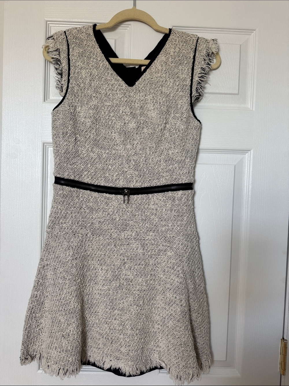 Rebecca Taylor Cream and Black Fringe Tweed Mini Dress